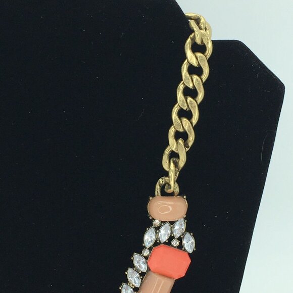 Statement Necklace Gold Tone Coral, Tan, and Rhinestone Bib Chunky Glam Jewelry - Picture 6 of 9